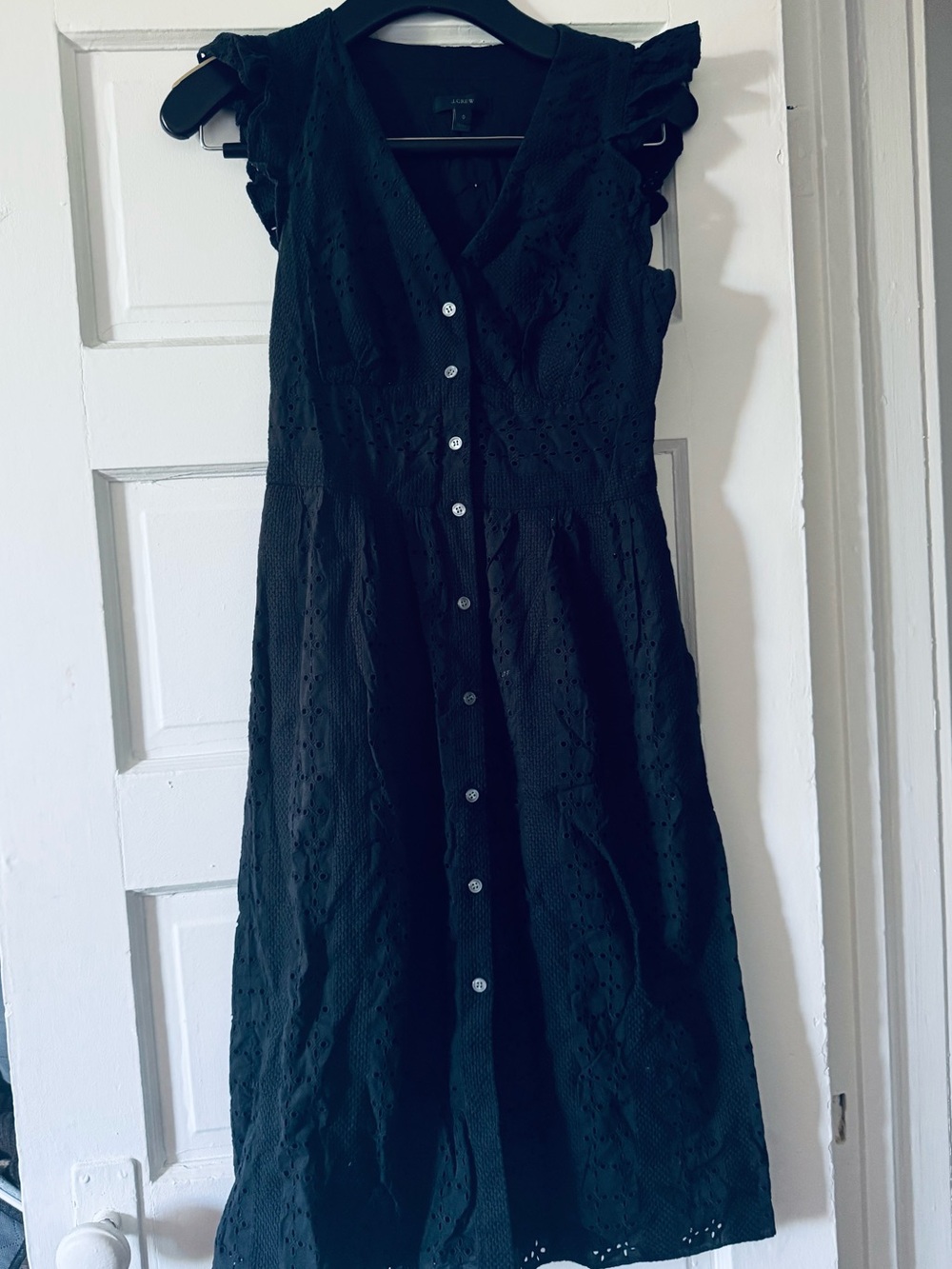 J. Crew Black Eyelet Button-Front Midi Dress with Ruffle Sleeves